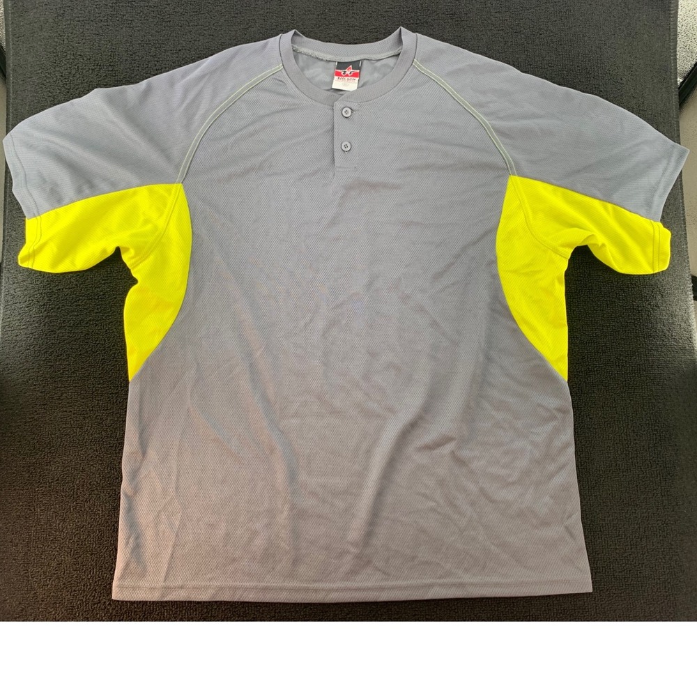 Alleson Athletic Gray Yellow Baseball Jersey Shirt‎ Adult XL Short Sleeve Henley